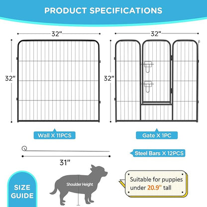 BestPet | Dog Playpen | 32 Inch, 12 Panels | Heavy Duty Metal Pet Exercise Pen | Indoor Outdoor Fence Panels | Rust-Resistant, Removable, Tool-Free Setup | Anti-Skid, Expandable Design