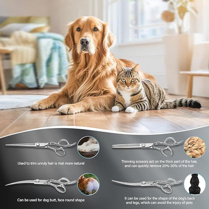 Dog Grooming Scissors,Silver with Safety Round Tips,5 in 1 Curved Dog Scissors for Grooming,Professional Pet Grooming Shears Set for Dogs and Cats