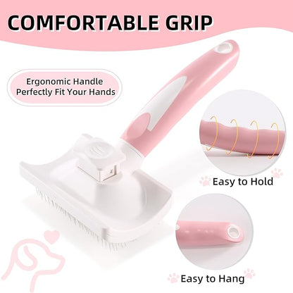 Dog Self Cleaning Slicker Brush with One Button Fur Removal Deshedding Brush for Dogs and Cats with Long Hair for Shedding Massaging Grooming Pink