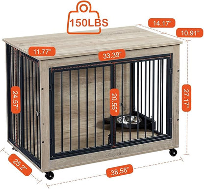 Dog Crate Furniture Heavy Duty Dog Kennel, 38 inch Indoor Double Doors Dog Cage for Small/Medium Dogs Up to 65lb, Decorative Dog Cage End Table with Rotatable Feeding Bowl