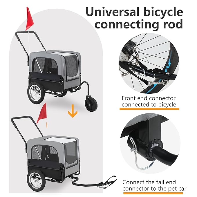 FDW Dog Stroller 2-in1 Dog Bike Trailer Pet Stroller Bicycle Carrier with Hitch Suspension Visibility Flag & Reflectors for Small Medium & Large Dogs, Gray