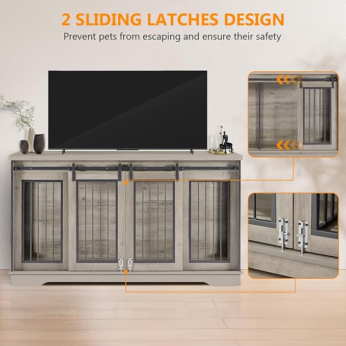 60.6 Inch Double Dog Crate Furniture, 2-in-1 Dog Kennel Furniture with 2 Sliding Doors and Thick Iron, Wooden Large Dog Crate with Divider for 2 Dogs