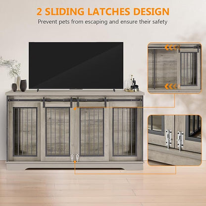 60.6 Inch Double Dog Crate Furniture, 2-in-1 Dog Kennel Furniture with 2 Sliding Doors and Thick Iron, Wooden Large Dog Crate with Divider for 2 Dogs