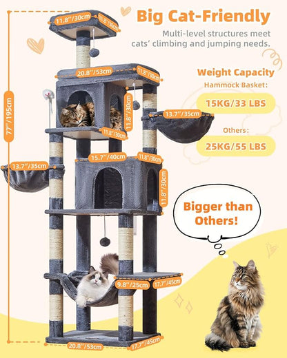 Taoqimiao Cat Tree, 77-Inch Cat Tower for Large Cats Multi-Level Cat Condos for Indoor Cats with 2 Condos, Extra-Lagre Platform, 2 Hanging Baskets, Hammock, 8 Scratching Posts, MS044G Smoke Gray