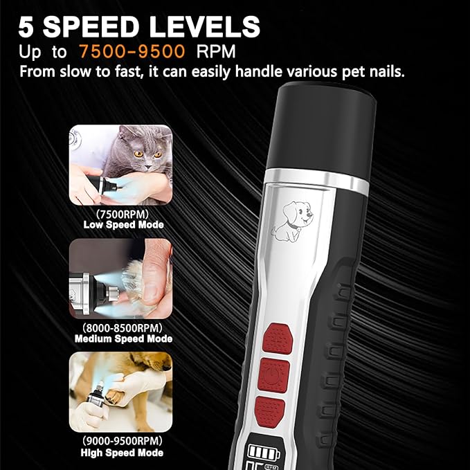Dog Nail Grinder Upgraded, Professional 5-Speed Electric Rechargeable Pet Nail Trimmer Super Quiet Painless Paws Grooming & Smoothing for Small Medium Large Dogs & Cats