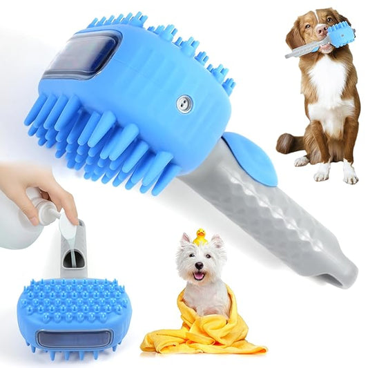 2 in 1 Dog Bath Brush, Soft Silicone Grooming Brush with Handle Shampoo Dispenser Shower Brush for Short Long Hair Dogs Cats Washing Massaging (Blue)