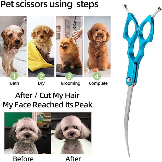 6.5" Curved Grooming Scissors for Dogs 440C Stainless Steel Professional Dog Grooming Scissors with Ultra-Light Aeronautical Aluminum Handle (Blue-Curved)