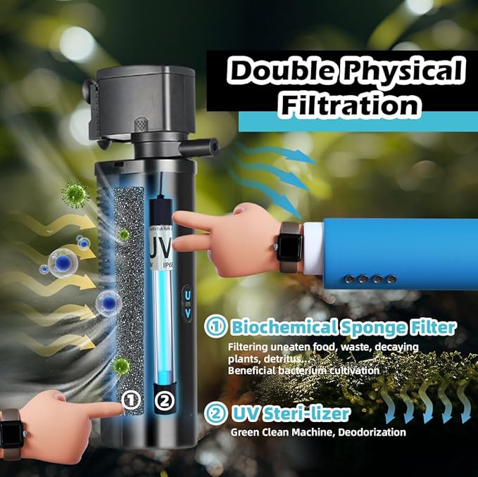 Aquarium Filter for 100-400 Gallon Tank, U-V Fish Tank Green Clean Machine Submersible Powerful Pump Canister Filter 600GPH for Pond Turtle Tank Saltwater Freshwater Crystal Clear Green Killing