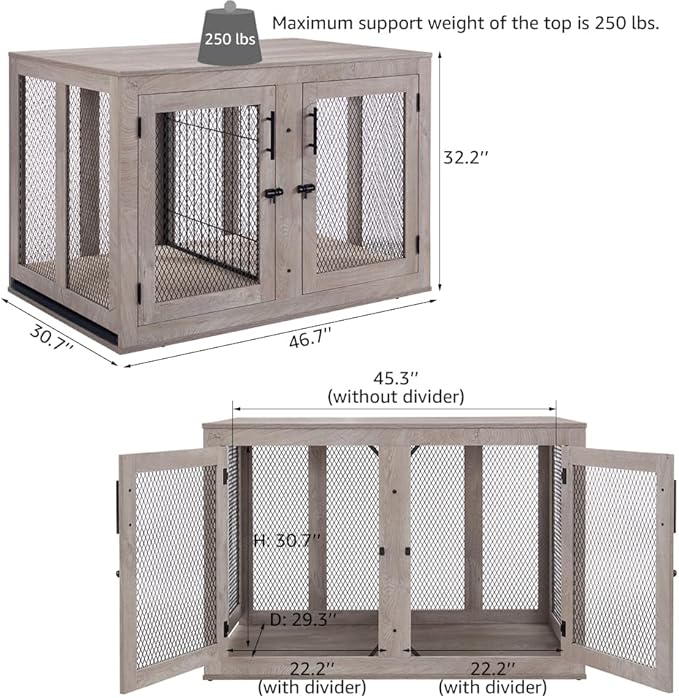 unipaws 46.7" Extra Large Dog Crate Furniture with Divider for 2 Dogs, Wooden Dog Kennel for XLarge Breed, XL Wood Dog Cage, End Table Crate with Tray, for Dogs Up to 90 lbs