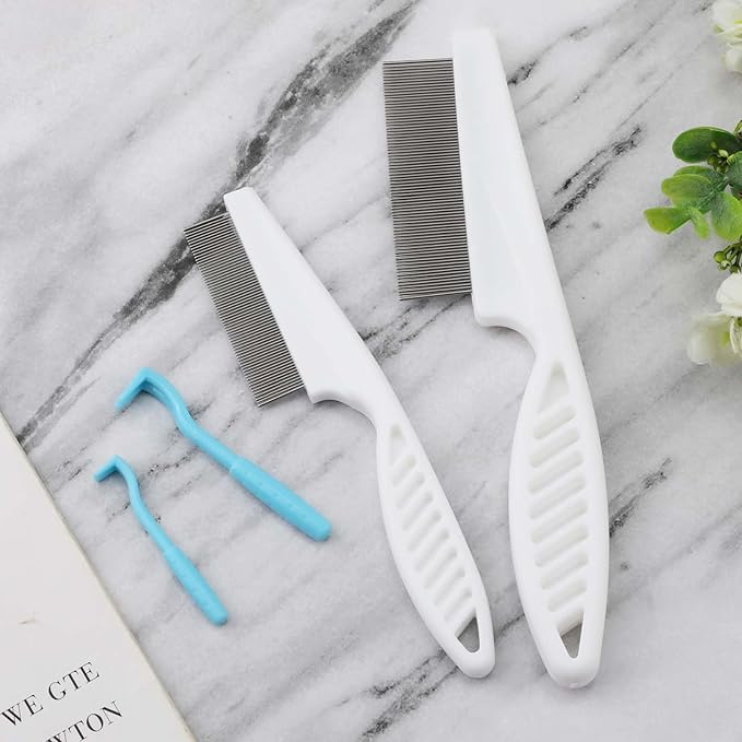 2pcs Pet Combs & 2pcs Tick Removal Tool, Fine-Tooth Flea Comb Tear Stain Removal Multifunctional Magic Pet Hair Cleaning Grooming Tools with Stainless Steel Teeth for Cats and Dogs