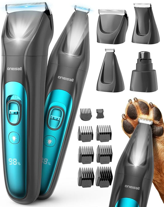 oneisall Quiet Dog Clippers for Grooming, LED Light Dog Paw Trimmer Dog Nail Grinder, Rechargeable 2000mAh Dog Grooming Clippers Cordless Dog Hair Trimmer Electric Dog Trimmer for Paw, Nail, Body