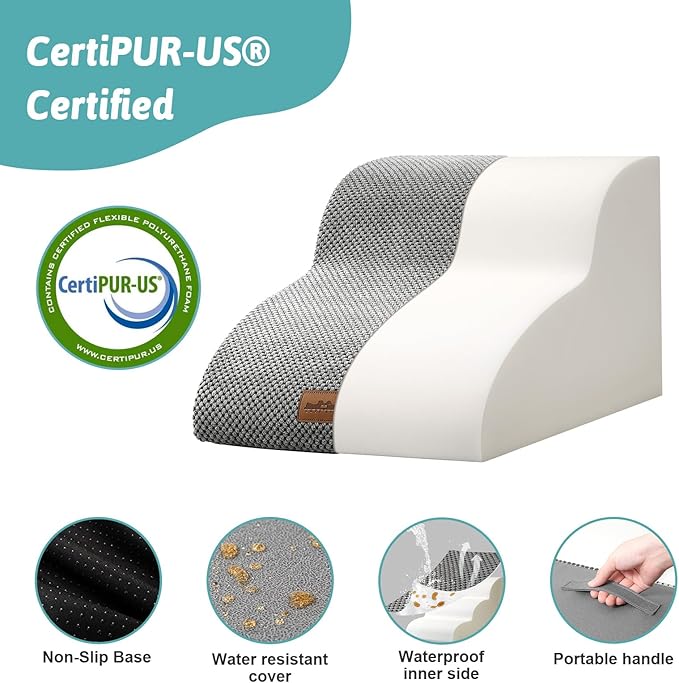 Dog Stairs for Small Dogs 11.8" H, Pet Step with Leakproof Cover, High Density Foam Cat Ramp for Chair or Sofa, Lightweight, Durable, Comfort, 15.7x19.7x11.8 inch, 2 Tiers, Grey