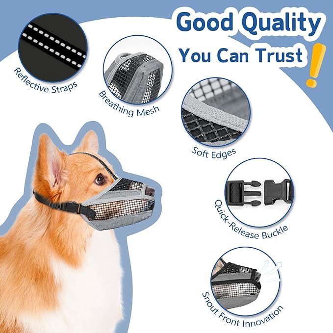 Dog Muzzle for Large Medium Small Dogs, Soft Mesh Muzzle for Dogs with Reflective Adjustable Strap, Prevent Biting Chewing and Licking, Dog Nose Open Design for Reduction Friction (Grey, L)