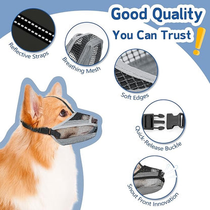 Dog Muzzle for Large Medium Small Dogs, Soft Mesh Muzzle for Dogs with Reflective Adjustable Strap, Prevent Biting Chewing and Licking, Dog Nose Open Design for Reduction Friction (Grey, L)