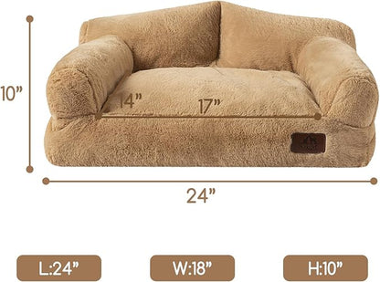 Hollypet Fluffy Plush Pet Dog Cat Couch Soft Calming Pet Sofa Bed for Medium Small Cats and Dogs, Light Brown