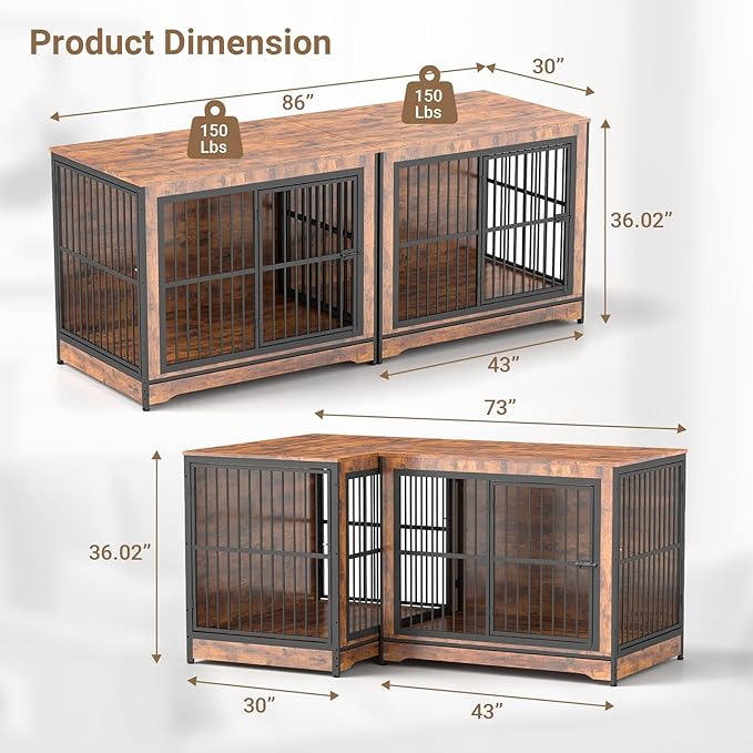 Rovibek 86 Inch Double Dog Crate Furniture, Wooden Dog Crate Furniture with Removable Divider & Trays, Decorative Dog Kennels for 2 Dogs Indoor with Three Doors, Rustic Brown