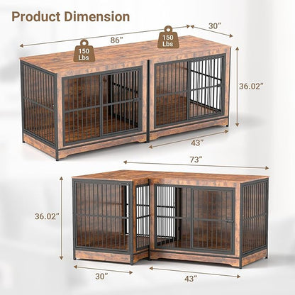 Rovibek 86 Inch Double Dog Crate Furniture, Wooden Dog Crate Furniture with Removable Divider & Trays, Decorative Dog Kennels for 2 Dogs Indoor with Three Doors, Rustic Brown