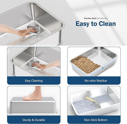 Stainless Steel Sifting Litter Box with Lid, Metal Litter Pan with Scoop for Big Cats Multi Cat, Extra Large Cats Litterbox Odor Control Easy Clean (23 * 15.4 * 6.9inch-Without Enclosure, X-Large)