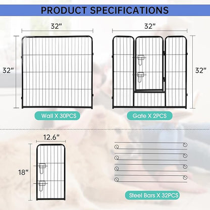BestPet | Dog Playpen | 32 Inch, 32 Panels | Heavy Duty Metal Pet Exercise Pen | Indoor Outdoor Fence Panels | Rust-Resistant, Removable, Tool-Free Setup | Anti-Skid, Expandable Design