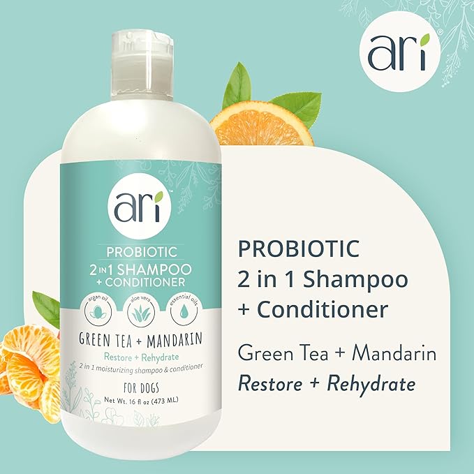 Health Extension Ari Probiotic 2-in-1 Dog Shampoo & Conditioner (16 Oz) Deep Cleansing for Dry, Itchy Skin Relief Grooming with Green Tea & Mandarin for Dogs & Puppies