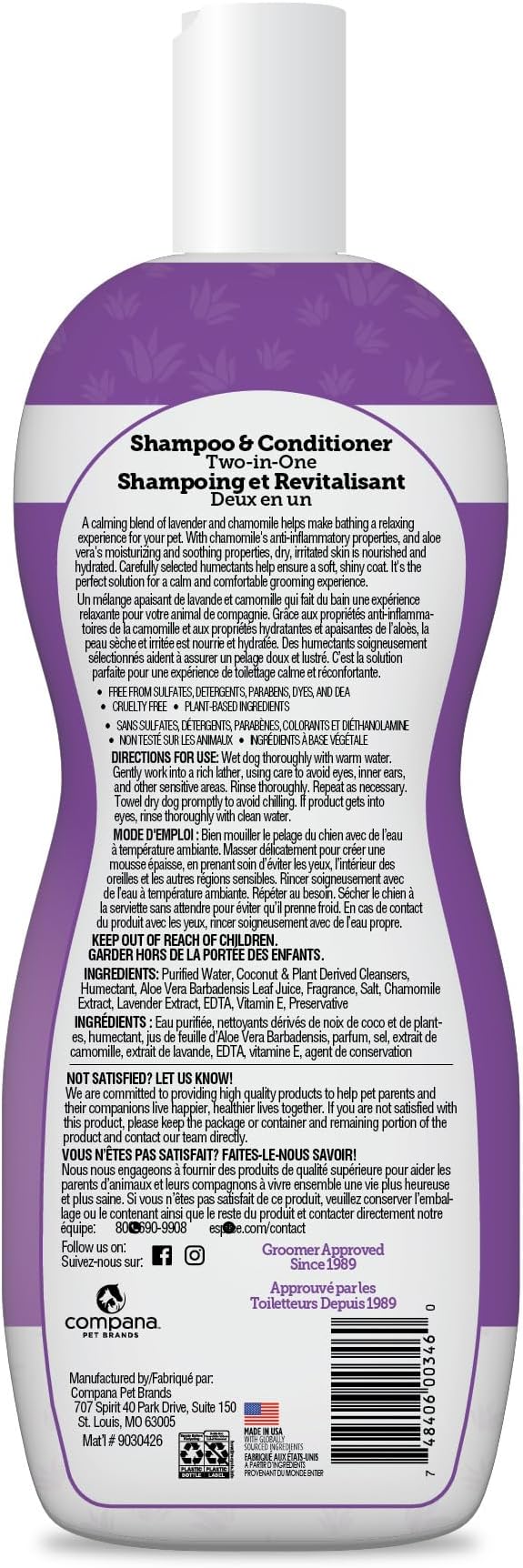 Espree Calming Lavender & Chamomile Shampoo & Conditioner, Soothes & Relaxes with Lavender, Moisturizes with Aloe Vera, Anti-Inflammatory Chamomile, Dry & Sensitive Skin, Gentle Pet Grooming, 20oz