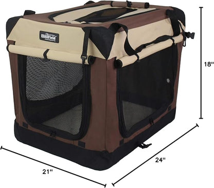 EliteField 4-Door Folding Soft Dog Crate with Curtains, Carrying Bag and Fleece Bed (2 Year Warranty), Indoor & Outdoor Pet Home (24" L x 18" W x 21" H, Brown+Beige)