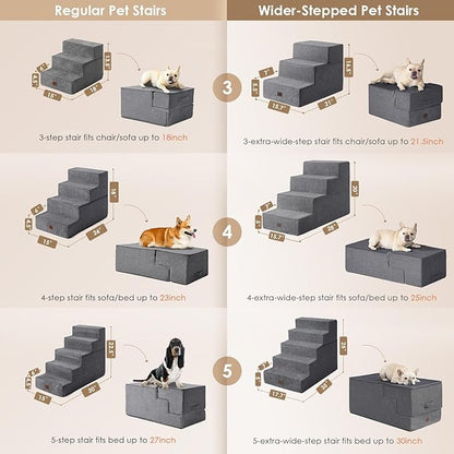 EHEYCIGA Dog Stairs for Small Dogs 16.5”H, 3-Step Extra Wide Dog Steps for Couch Sofa and Chair, Pet Steps for Small Dogs and Cats, Non-Slip Balanced Dog Indoor Ramp, Grey