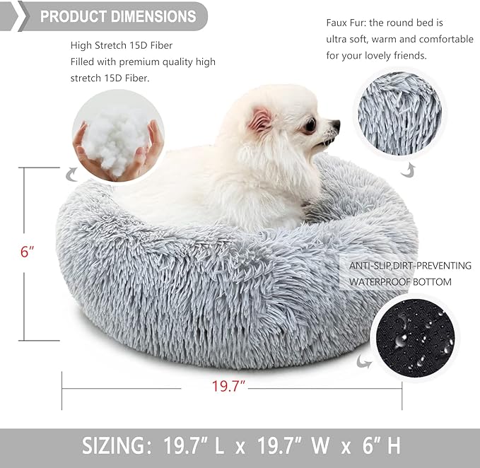nononfish Dog Bed for Small Dogsï¼_ray Cute Plush Dog Bed ï¼19 inches Anti Anxiety Puppy Bed Washableï¼_achine Washable Fits up to 15 lbs Pets Beds for Small Dog.