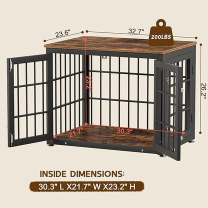 32 Inch Heavy Duty Dog Crate Furniture for Medium and Small Dogs, Decorative Pet House End Table, Wooden Cage Kennel Furniture Indoor, Rustic Brown