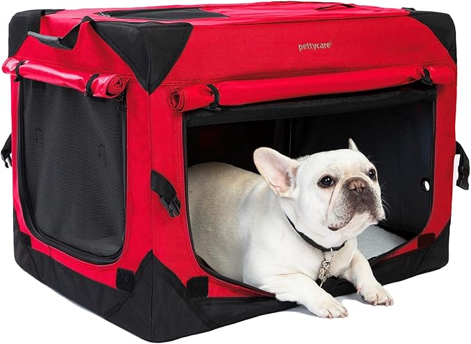 Pettycare 26 Inch Collapsible Dog Crate with Curtains Travel Dog Crate for Airflow and Calm Soft Pet Kennel with Portable Bag and More Chew Proof Mesh Indoor & Outdoor Red 4 Door Curtains