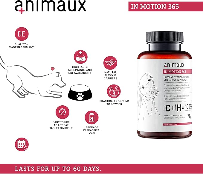 animaux  in Motion 365 for Dogs, Joints, Bones, Mobility, Ligaments and Tendons, Green-Lipped Mussel, Willow Bark and Devil_ Claw, Natural Pain Relief, 60 Chewable Tablets, 60 Days Supply