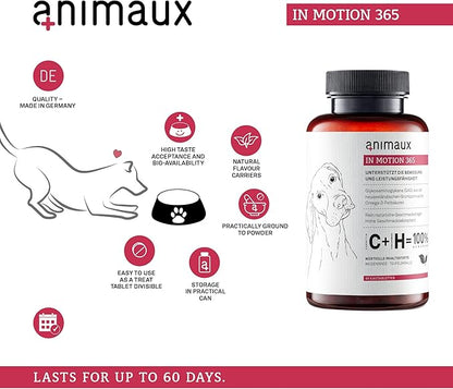 animaux  in Motion 365 for Dogs, Joints, Bones, Mobility, Ligaments and Tendons, Green-Lipped Mussel, Willow Bark and Devil_ Claw, Natural Pain Relief, 60 Chewable Tablets, 60 Days Supply