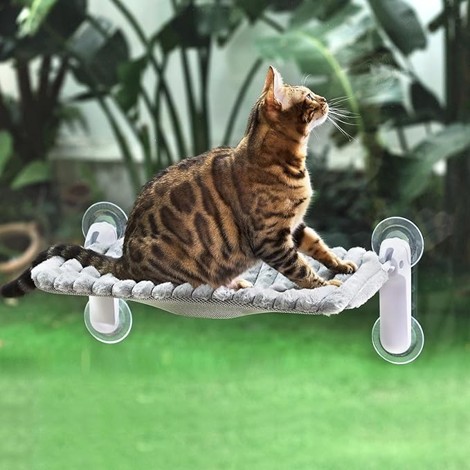 Sunhoo Cat Window Perch Hammock Foldable Kitten Bed Windowsill Seat with Suction Cup for Large Indoor Cats Inside Kitty Window Sill Ledge Shelf Hold Up to 40lbs Machine Washable 21.26*11.8in(Grey, M)