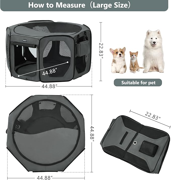 Dog Playpen, Cat Dog Crate Portable Pet Exercise Cage Kennel House Puppy Playpen Animal Playpen Indoor/Outdoor, Water-Resistant Kennel Tent with Traveling Bag (Grey, Large)