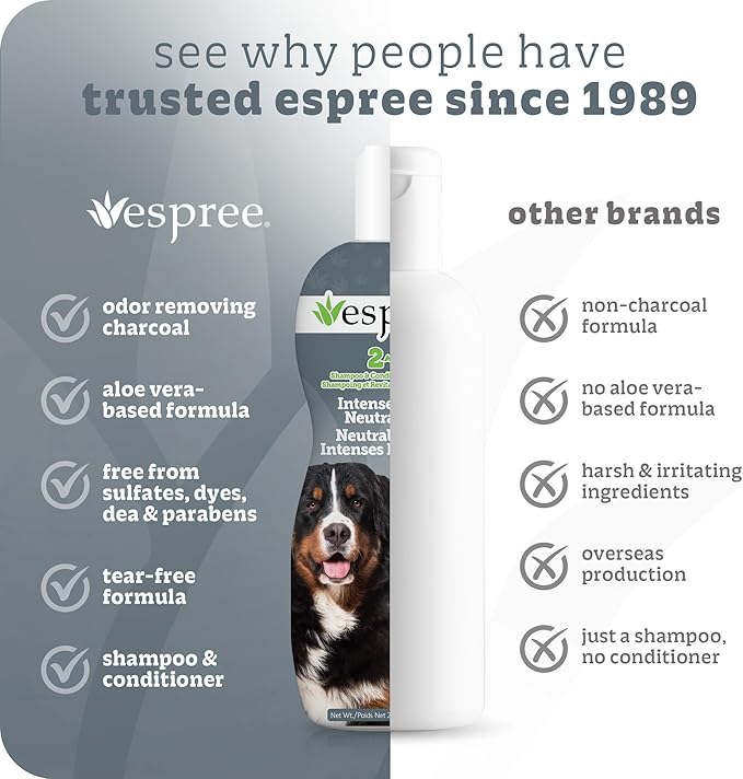Espree Intense Charcoal Odor Neutralizer Dog Shampoo & Conditioner, Eliminates Stubborn Dog Odors, Plant Based Ingredients, 2 in 1, Charcoal-Infused Odor Neutralizer for Dogs, Cruelty-Free, 20oz