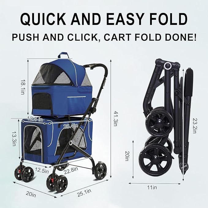 Double Dog Stroller, Foldable 3-in-1 Cat Stroller with 2 Detachable Carriers, Safety Belt, Washable Cover, Removable Pads, 4 Wheels Travel Pet Stroller for Small Medium Dogs (Blue)