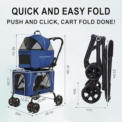 Double Dog Stroller, Foldable 3-in-1 Cat Stroller with 2 Detachable Carriers, Safety Belt, Washable Cover, Removable Pads, 4 Wheels Travel Pet Stroller for Small Medium Dogs (Blue)