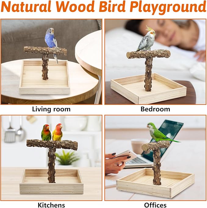 BNOSDM Portable Bird Perch Stand with Potty Tray, Natural Wood Tabletop Training Gym Parrot Playground Toy for Budgies, Cockatiels, Lovebirds,Conures