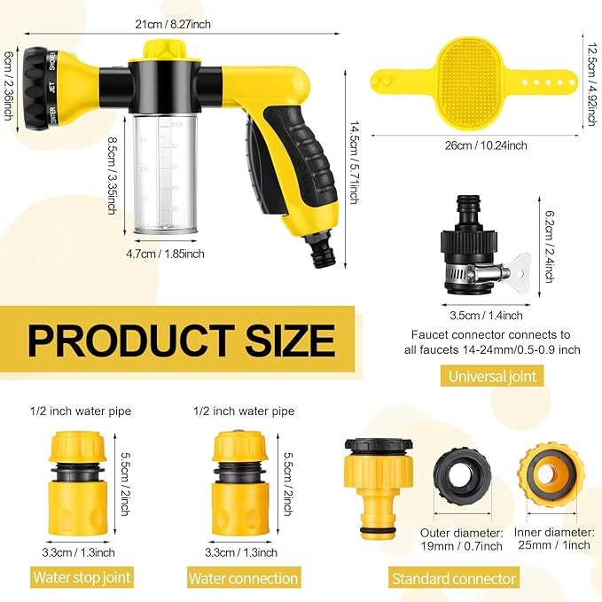 6 Pieces Dog Wash Hose Attachment with Soap Dispenser Pet Bathing Tool Set Dog Comb Brush for Pet Washing(8.27 x 4.72 x 5.51 Inch,Yellow)