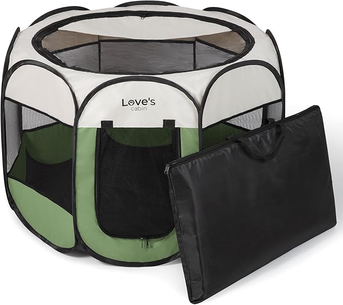 Love's cabin Pet Puppy Dog Playpen, Medium Dog Tent Crates Cage Indoor/Outdoor, Portable Playpen for Cat, Foldable Pop Up Dog Kennel Playpen with Carring Case, Removable Zipper Top, Olive Green