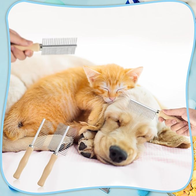 Tessco for you 2 Pcs Dog Metal Combs Cat Wooden Handle Grooming Combs Stainless Steel Hairbrush Double Side Metal for Pet Dog Grooming Brush Pet Cat Flea Hairbrush for Long Short Hair Fur Brush Tool