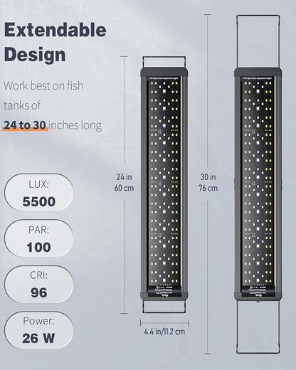 Pawfly 26 W Aquarium LED Light for 24" to 30" Tanks 24/7 Extendable Fish Tank Lights with Full Spectrum IP68 Waterproof Lights with D/N Mode Single Color Effects Timer and Adjustable Brightness