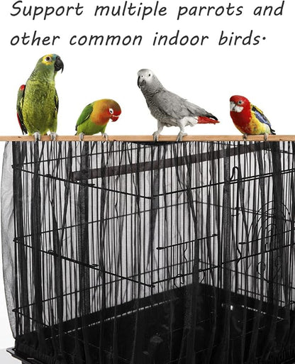 Tamu style Bird Cage Seed Catcher, Large, Stretchy Form Fitting Mesh Skirt Cover for Parrot Enclosures, Light and Breathable Fabric, Prevent Scatter and Mess, Reusable,Adjustable, Lightweight,Black