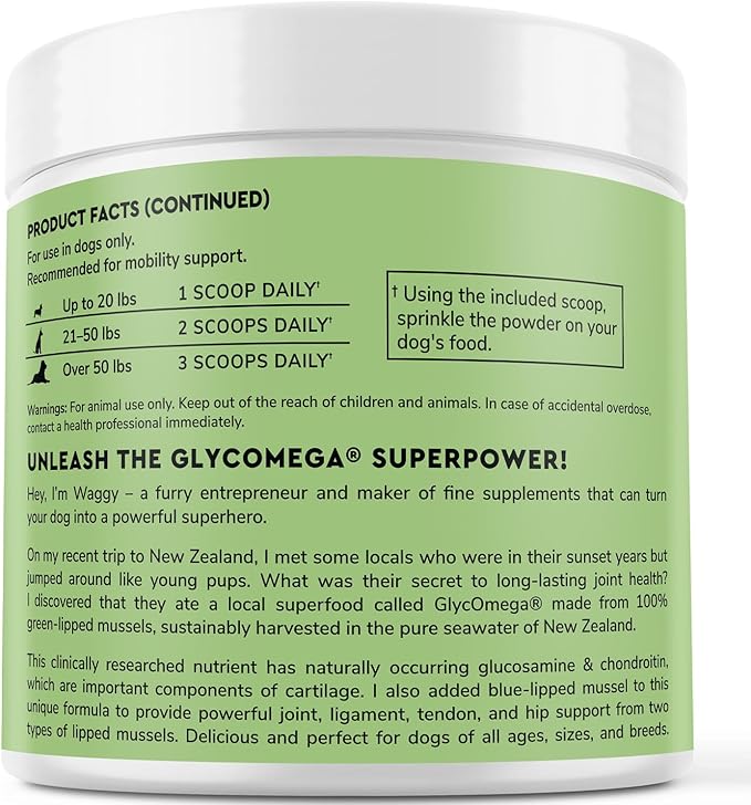 Premium Green Lipped Mussels for Dogs  Pure New Zealand Green Lipped Mussel Powder with Blue Lipped Mussels for Dogs  for Hip and Joint Flexibility, Mobility, Strength, Tendons and Muscles  2.60oz