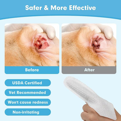 Seaweed Ear Cleaner Wipes for Dogs & Cats - Gentle Finger Wipes for Cleaning Earwax, Debris - Soothe Itching & Inflammation - Unscented, Hypoallergenic & Deodorizing - Made in PRC (60 Pcs)