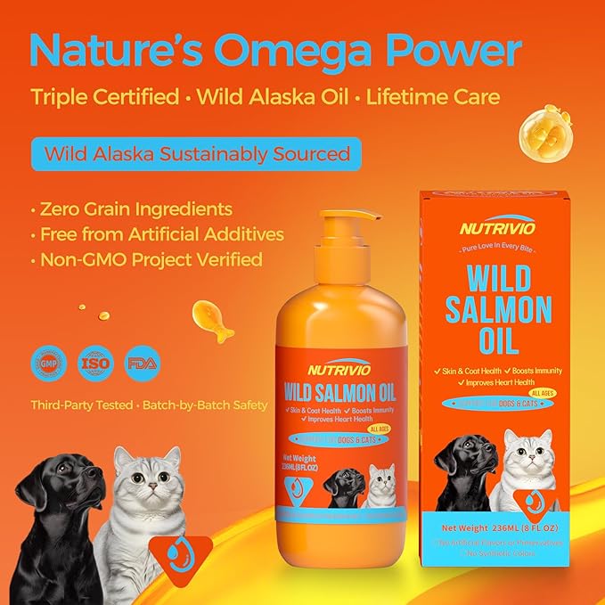 Wild Alaska Salmon Oil for Dogs & Cats Fish Oil Omega 3 Supplements with EPA & DHA for Skin & Coat, Immune, Brain, Joint and Heart Health, Dog & Cat Fish Oil Supplements 236mlï¼8fl ozï¼