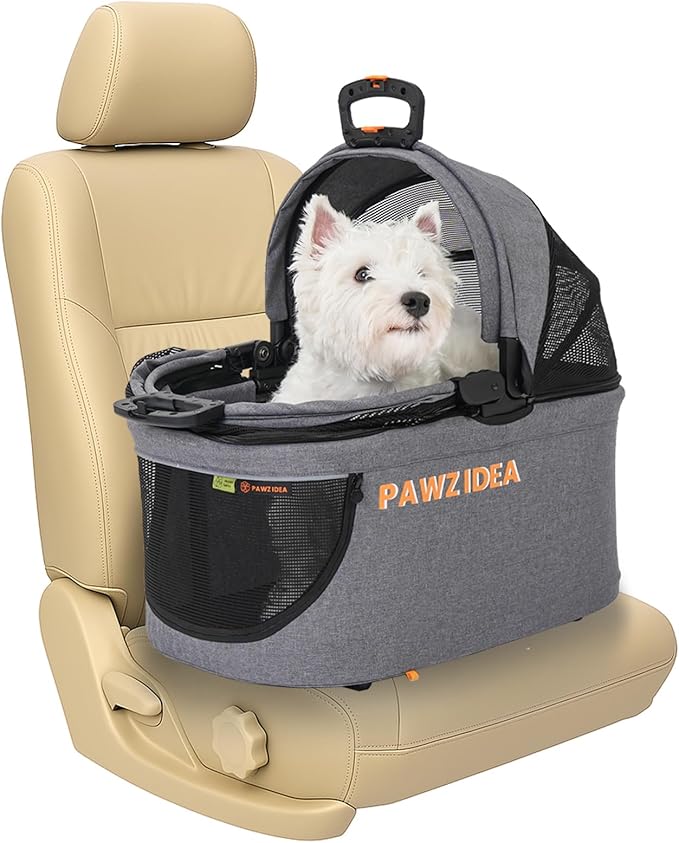 PAWZIDEA Portable Small Dog Crate for Car Travel, Enclosed Pet Car Seats for Small/Medium Dogs & Cats, Reversible No-Zip Canopy, Soft-Sided Pet Carrier Cage, Collapsible Travel Dog Kennel, Chew-Proof