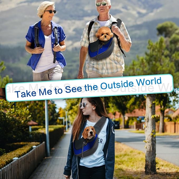 Dog Sling Carrier, Up to 5 lbs, Dog Papoose with Zipper Touch Pocket, Hand Free Breathable Mesh Puppy Carrier, Crossbody Satchel Dog Purse for Outdoor Travel, M, Blue