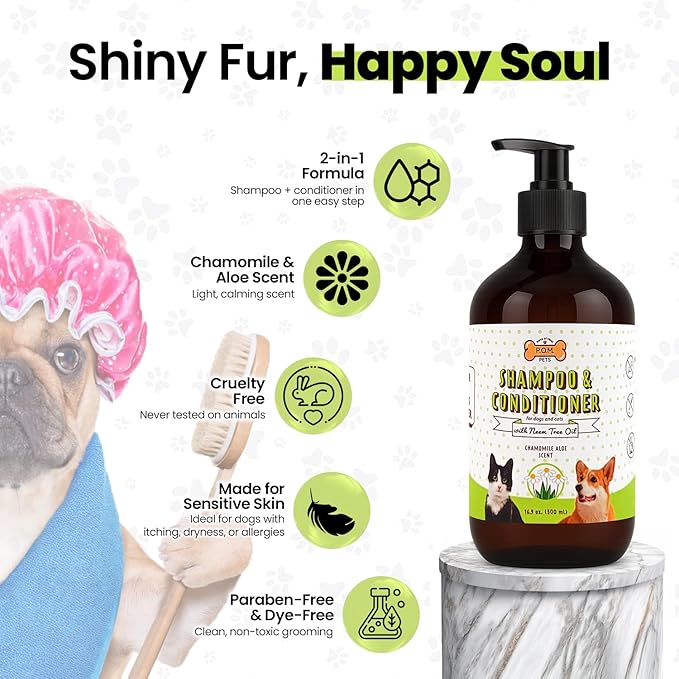 POM Pets 2-in-1 Organic Dog Shampoo & Conditioner – Itchy Skin Relief, Dog Deshedding, Detangles Fur, Cat Shampoo, Paw Cleaner for Dogs, Natural Coat Defense Formula