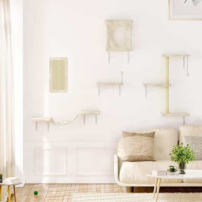 NUNU LAB Cat Wall Shelves, 10-in-1 Wall-Mounted Cat Furniture Set, Large Cat Climber Set with House, Bridge, Steps, Scratcher, DIY Playground, Shelves for Indoor Wall Furniture Set - Beige